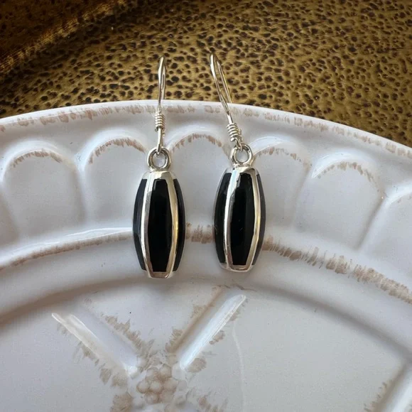 Elongated Dangle Earrings Vintage Sterling Silver 925 NOS Black Onyx - Picture 1 of 4